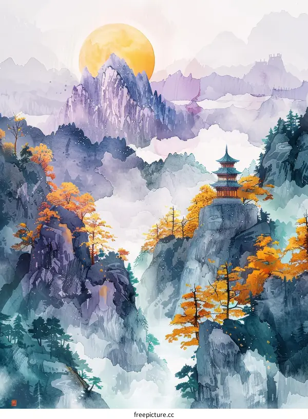 Misty mountain landscape with pagoda