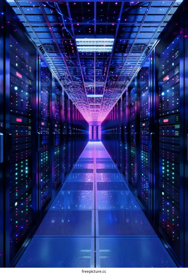 Server room with colorful lights