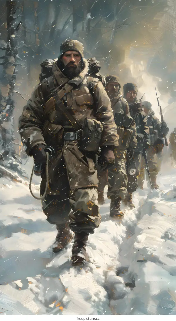 A group of soldiers trudging through the snow in winter.
