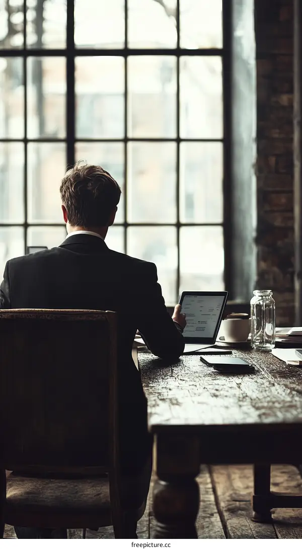 Businessman Working at Wooden Table by Big Window