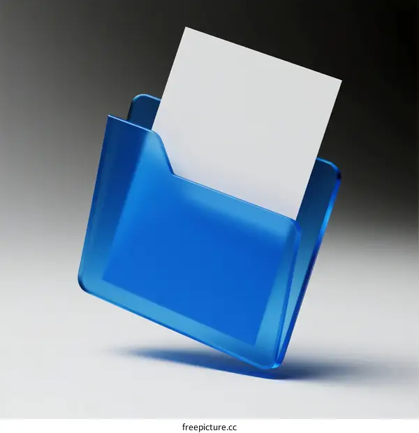 Blue Transparent Folder with White Paper Inside on Gray Background