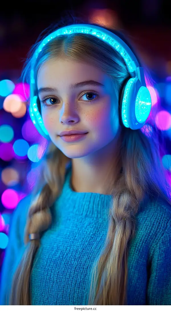 Girl with Luminous Headphones in Neon Light