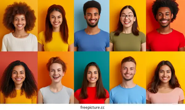 A diverse group of people of different ethnicities and ages smile happily at the camera.