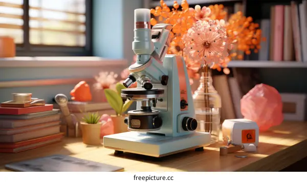 Light Blue Microscope on Wooden Table Near a Window