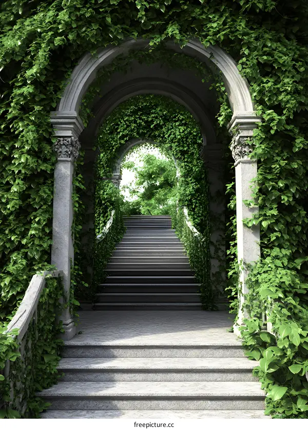Stone Archway Covered in Greenery Leading to Stairs
