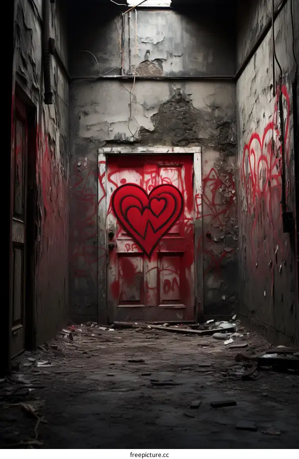 Red heart graffiti on a door in an abandoned hallway