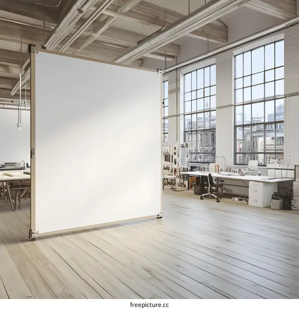 Blank White Wall in Loft Workspace with Wooden Floor and Large Windows
