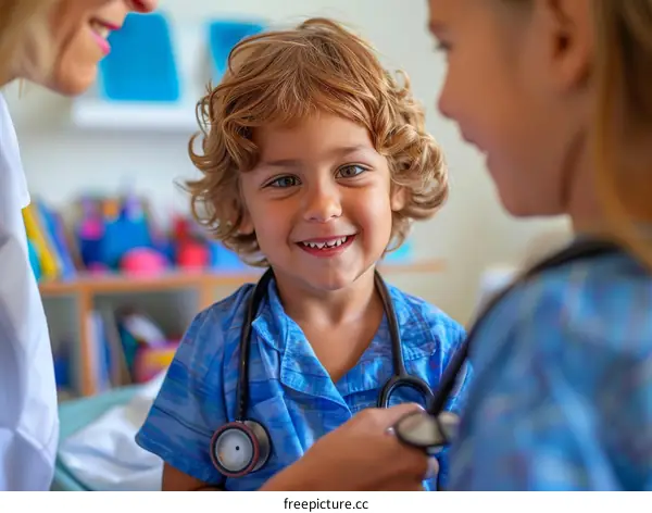 Little boy and girl playing doctor with toy stethoscope