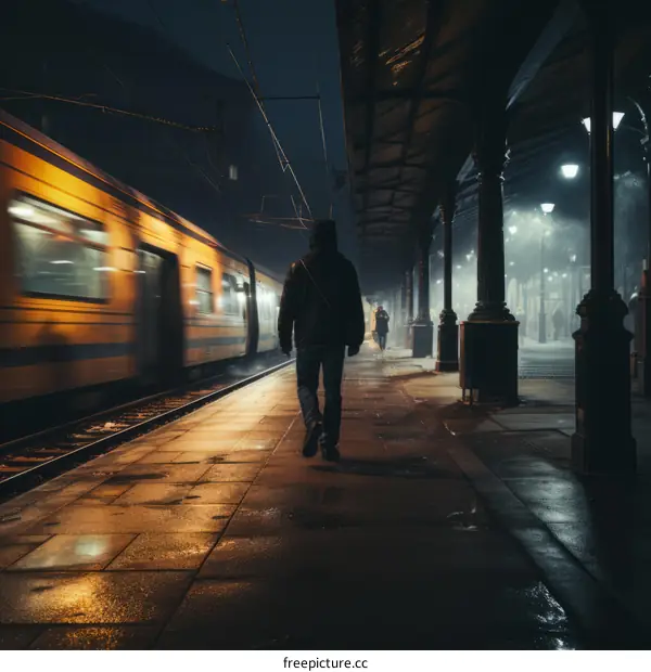 Man walking alone at night on a train station platform with a moving train in the background