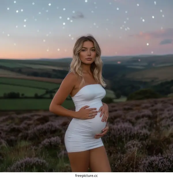 A Pregnant Woman Poses for Maternity Photos in a Field of Lavender Under a Starry Sky