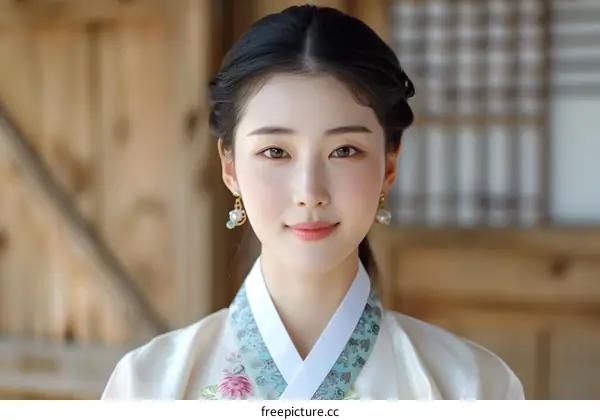 Portrait of a young woman in traditional Korean dress, or Hanbok