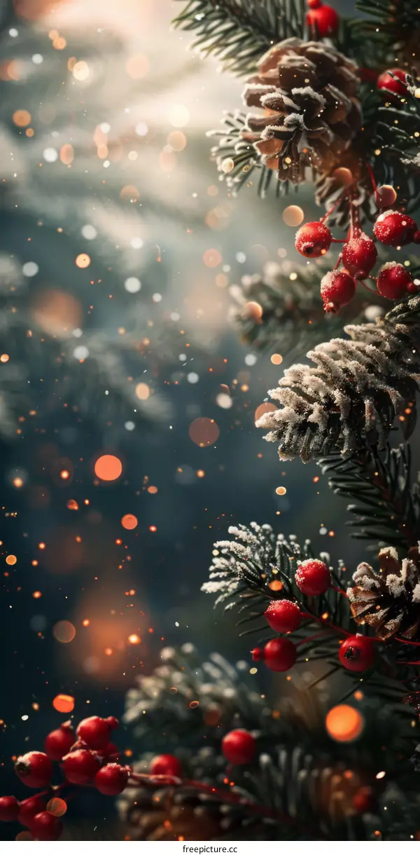 Christmas Tree Snowy Outdoors with Red Berries