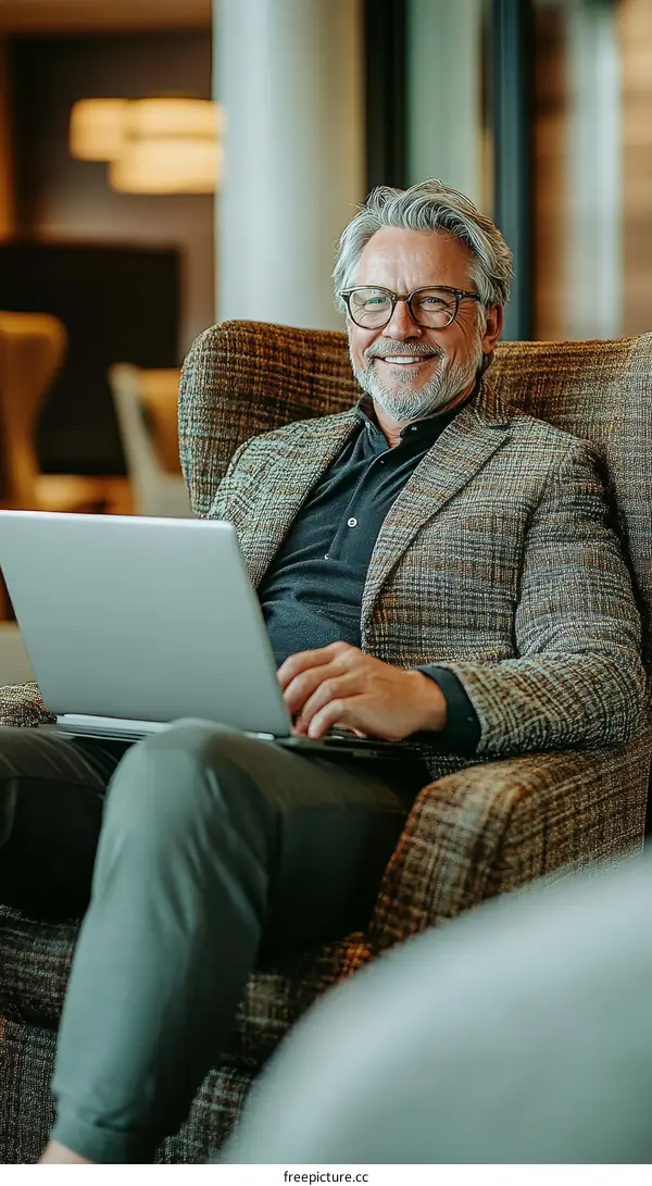 Businessman Working on Laptop in Lobby