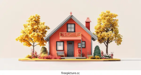 A Small Red House With a Gray Roof and a Small Garden