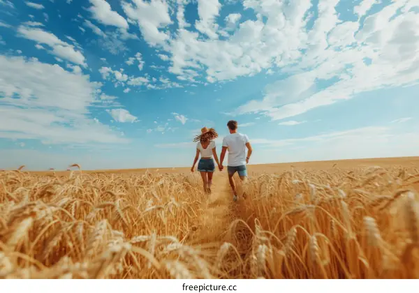 Couple running through a wheat field