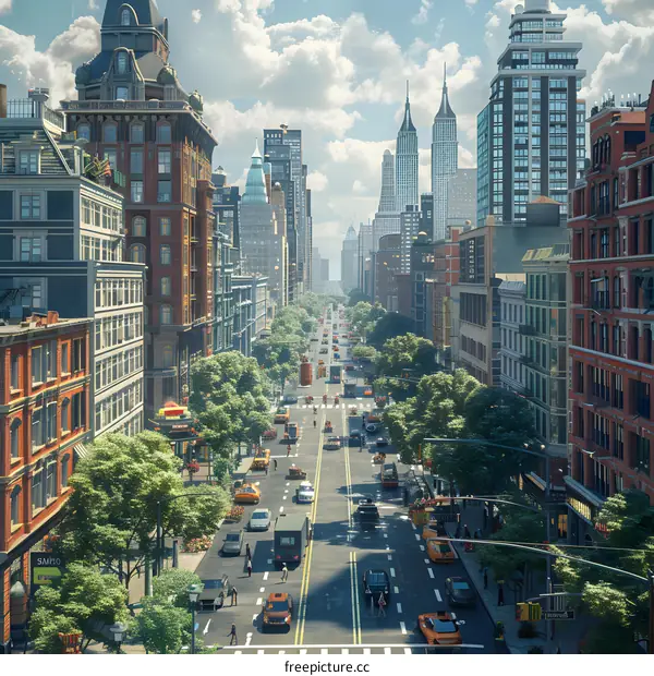 City street with skyscrapers