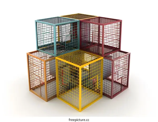Six Colorful Wire Cages Arranged as a Cube