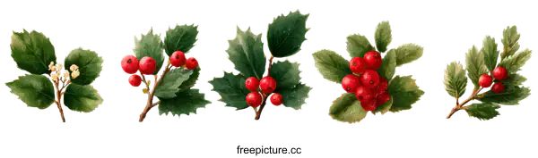 [Transparent Background PNG]Hand-Painted Holly Branches with Berries
