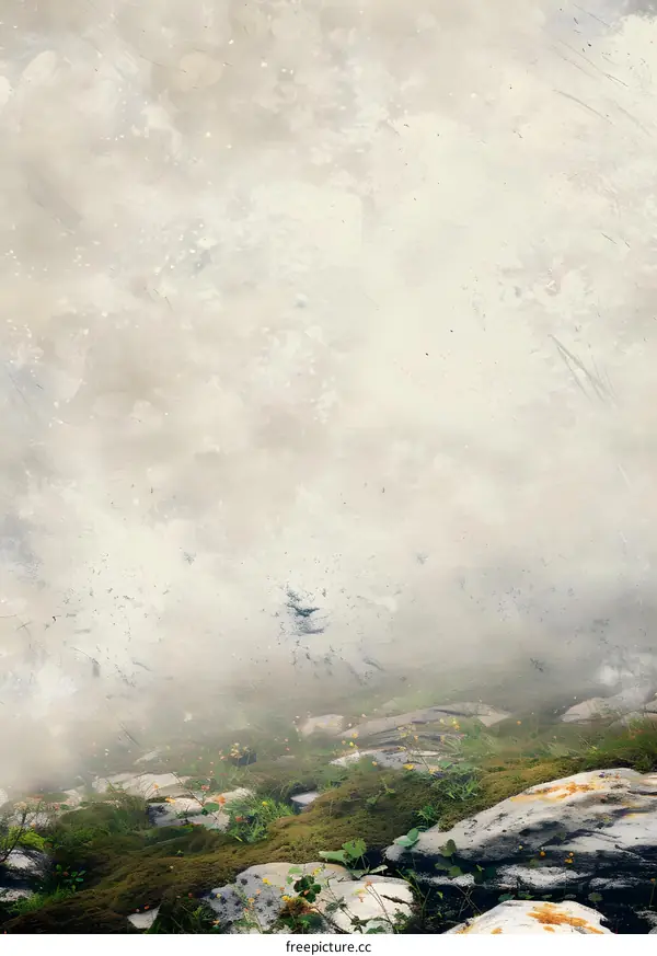 Abstract Nature Background with Mossy Rocks and a Misty Sky