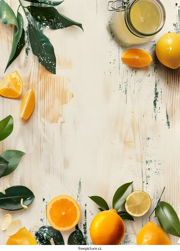 Fresh Orange and Lemon Slices with Green Leaves on White Wood Background