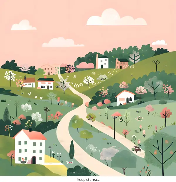 Spring Landscape with Houses and Winding Road