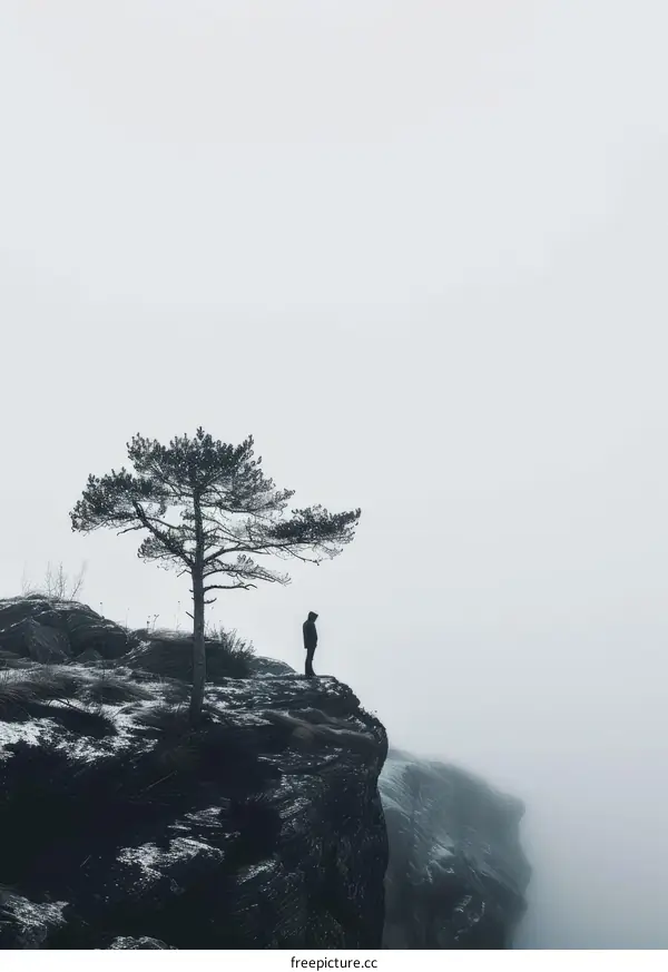 Man standing alone on a cliff overlooking a foggy landscape