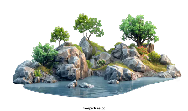 [Transparent Background PNG]Rocky Island Oasis with Lush Trees