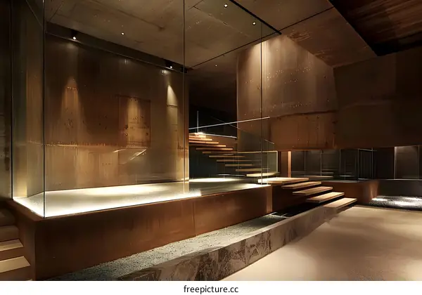 Modern Minimalist Interior Design with Wooden Stairs and Glass Panels