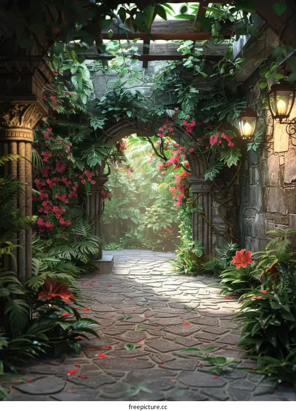 Stone Archway in a Vibrant Garden