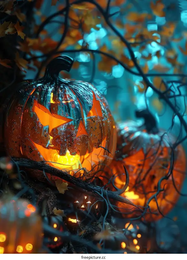 Mystical Glowing Jack-o'-Lantern in a Dark Forest