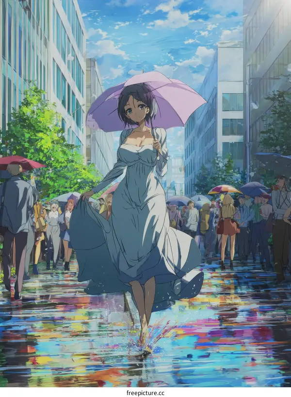 Rainy Day City Stroll Anime Style Illustration