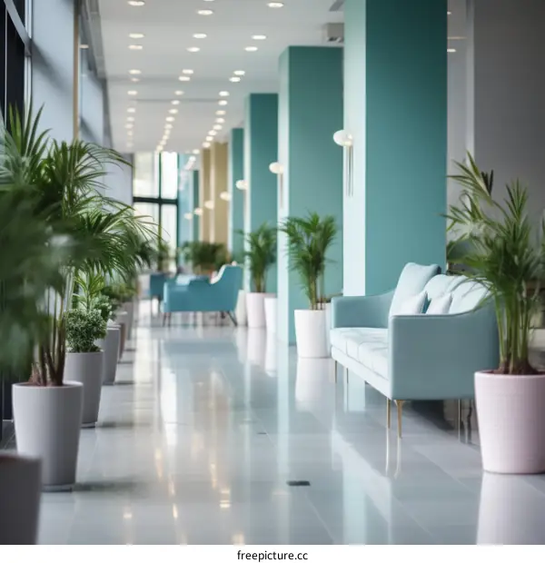 Blue and green hotel lobby interior design