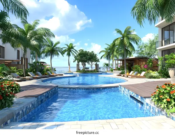 Tropical Resort Poolside Relaxation With Palm Trees And Ocean View