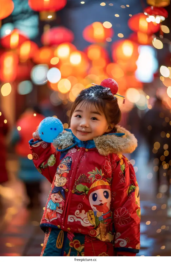 little girl in red jacket holding blue ball in snow