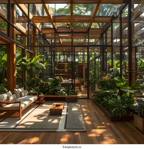 Modern Glass House Interior With Wood Beams And Plants