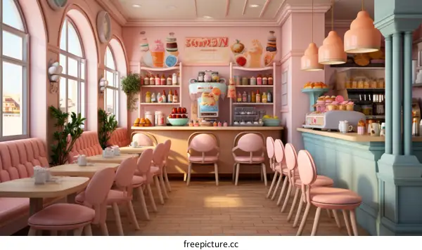 pink retro diner interior with pink chairs and blue counters