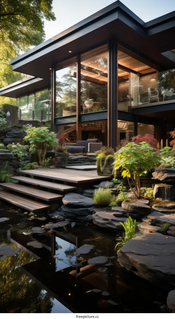 Modern House Exterior With Deck And Pond