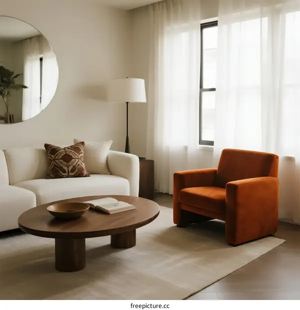Modern Living Room with White Sofa and Orange Armchair