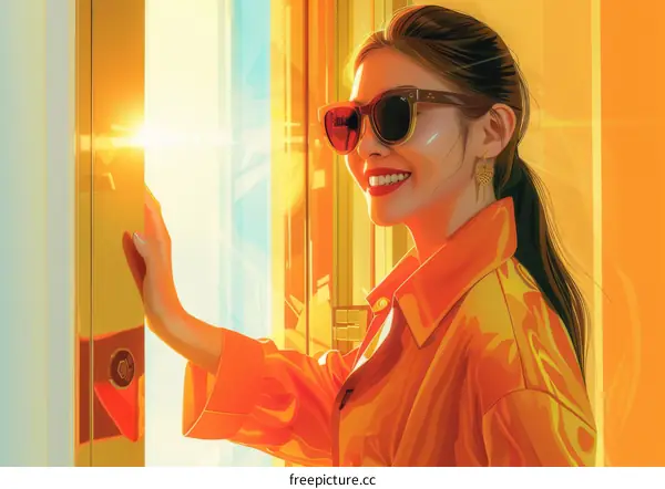 An illustration of a young woman pressing the elevator button