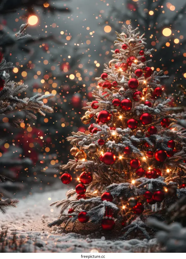 Christmas Tree Decorated with Lights and Ornaments