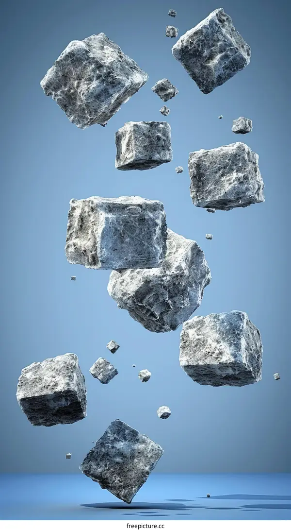 Gray Stone Cubes Suspended in Mid-Air with Blue Backdrop