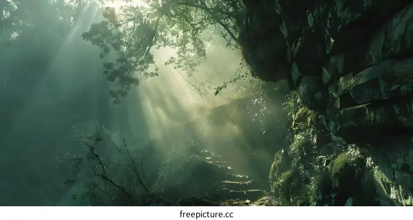Sunbeams Shining Through the Forest
