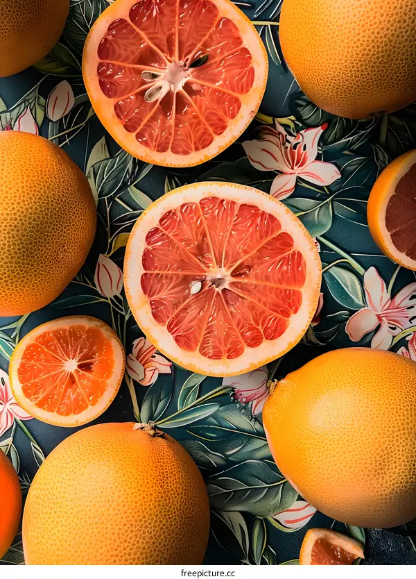 Fresh Grapefruit Fruit Slices on Floral Background
