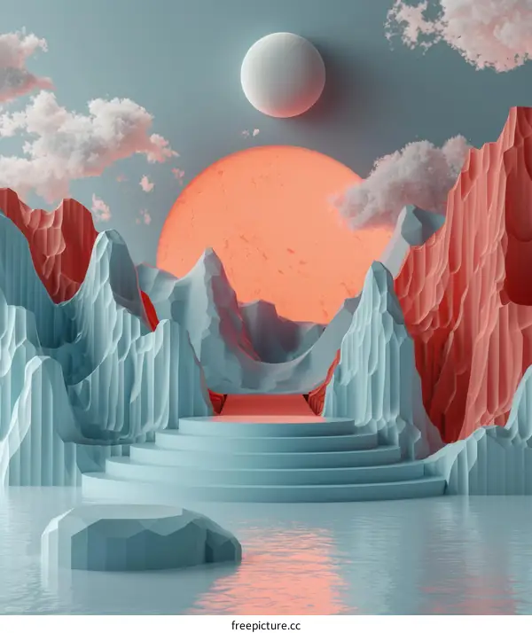 Surreal Blue and Pink Mountain Landscape with Moon and Clouds