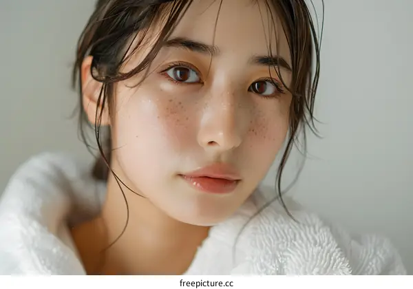 Portrait of a young woman with freckles