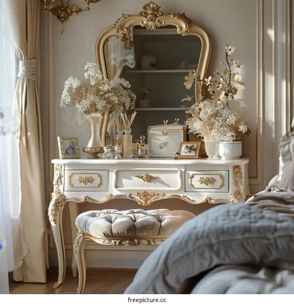 Elegant Dressing Table with Flowers and Mirror