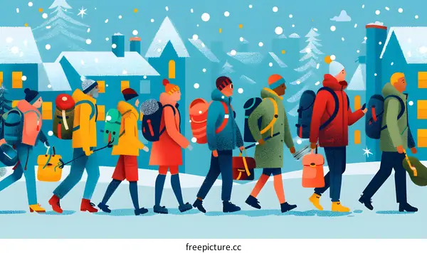 Group of People Walking in Snow Covered Town