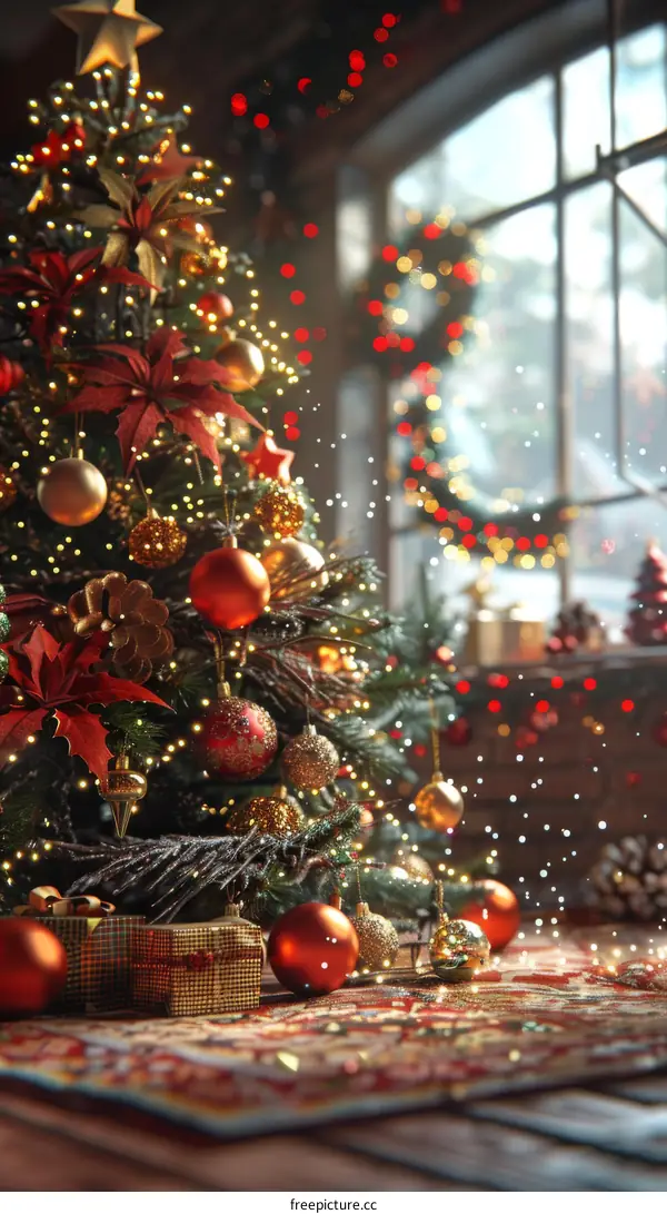 Festive Christmas Tree with Red and Gold Ornaments