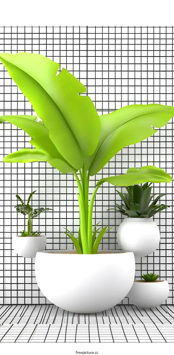Green Plants in White Pots Against a Grid Background