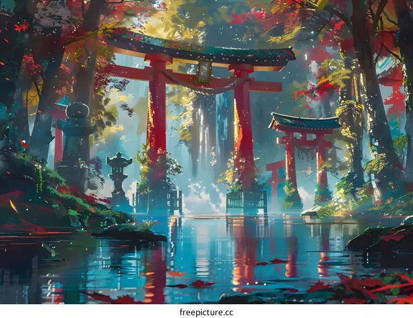 fantasy landscape with a torii gate in the middle of a forest with red leaves